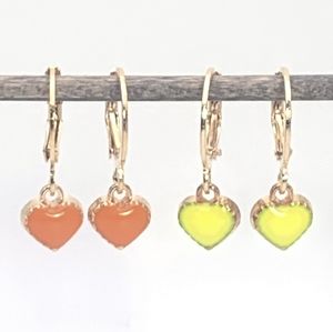 2 Pairs! Orange and Yellow Enamel Heart Earrings